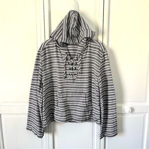 Roxy Women's Navy Blue and White Striped Woven Pullover Poncho Hoodie Size Small